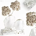 Ornamental Decor Set For Home Interior With White Gold Rim Vases And Beige Flowers