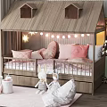 House Shaped Children's Bed with String Lights Pink Pillows Bunny Plush Toys and Storage Baskets