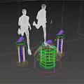 Fashion Store With Mannequins In Blue Blazer Pink Hoodie And Shoes On Green Illuminated Stands