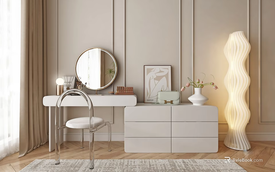 Elegant Dressing Table With Round Mirror Chair Drawer Cabinet Vase And Floor Lamp 3d model 