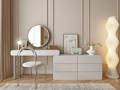 Elegant Dressing Table With Round Mirror Chair Drawer Cabinet Vase And Floor Lamp 3d model