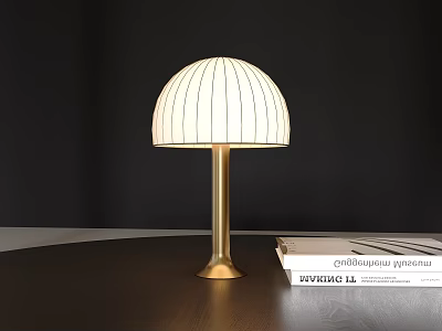 Dome Shaped Table Lamp With White Vertical Striped Lampshade And Golden Base On Desk 3d model