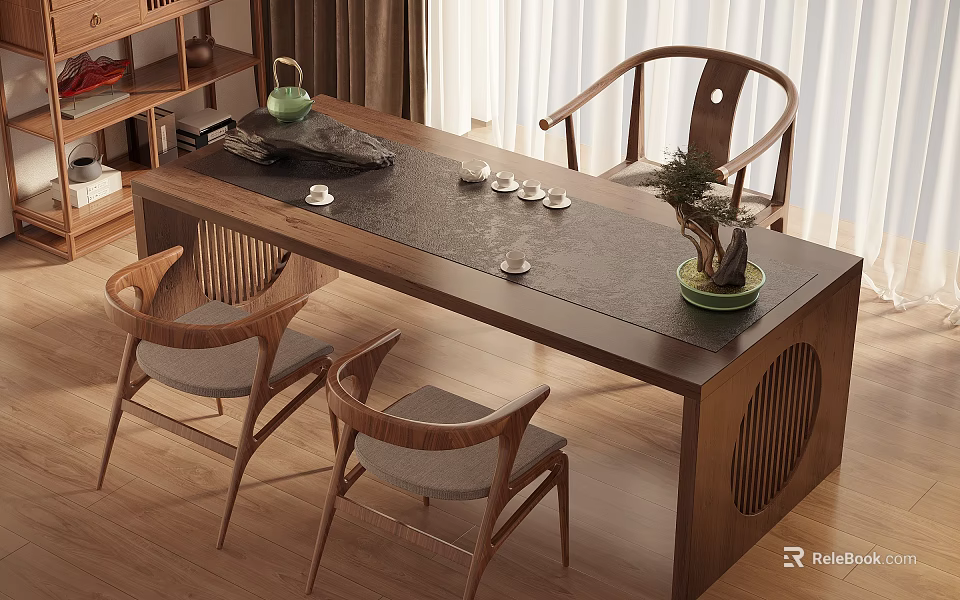 Minimalist Wooden Tea Table and Chairs with Tea Set and Potted Plant 3d model 