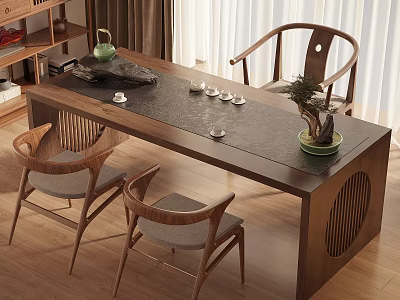 Minimalist Wooden Tea Table and Chairs with Tea Set and Potted Plant 3d model