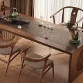 Minimalist Wooden Tea Table and Chairs with Tea Set and Potted Plant
