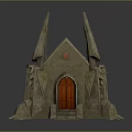 Church Style Stone Building Model With Red Roof Spires Arched Windows And Red Door