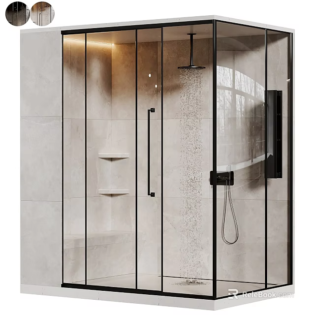 Modern Shower Sauna Interior With Glass Door Stone Wall And Built-in Shelves 3d model 