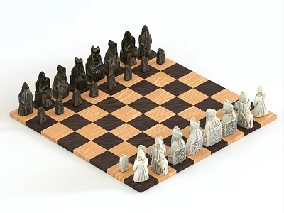 Classic Chess Set With Carved Black White Pieces On Wooden Checkerboard 3d model