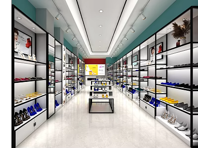 Shoe Store Interior With Organized Shelves Displayed Shoes Central Display Table Bright Lighting 3d model