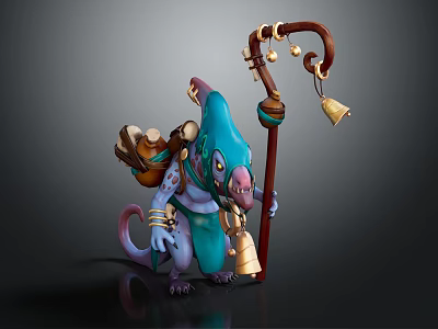 Fantasy Teal Creature Character With Purple Snout Claws Carrying Bag And Holding Bell Staff 3d model