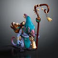 Fantasy Teal Creature Character With Purple Snout Claws Carrying Bag And Holding Bell Staff