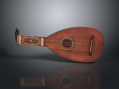 Traditional Wooden Lute Musical Instrument With Decorative Headstock Classic Design And Metal Strings 3d model