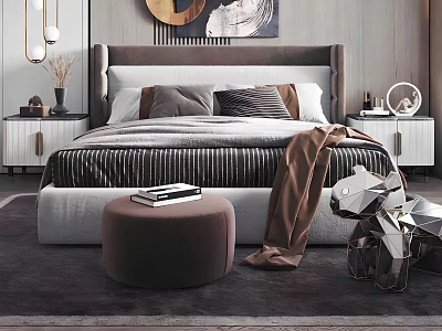 Modern Double Bed Interior With Stylish Headboard Brown Blanket And Decorative Ottoman 3d model
