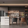 Modern Restaurant Open Kitchen Interior With Island Counter Dining Table And Chairs 3d model
