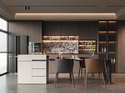 Modern Restaurant Open Kitchen Interior With Island Counter Dining Table And Chairs 3d model