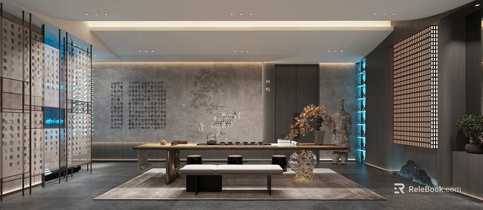 Elegant Tea Room Interior With Gray Calligraphy Wall Long Wooden Table And Stone Sculpture 3d model 