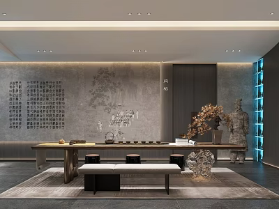 Elegant Tea Room Interior With Gray Calligraphy Wall Long Wooden Table And Stone Sculpture 3d model