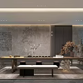 Elegant Tea Room Interior With Gray Calligraphy Wall Long Wooden Table And Stone Sculpture