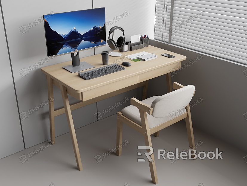 Office desk and chair combination solid wood office desk solid wood office chair computer all-in-one keyboard and mouse mobile phone headset pen pen holder notepad coffee cup model