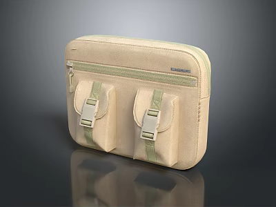 Beige Canvas Bag With Two Front Buckle Pockets And Side Zipper Closure 3d model