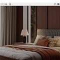 Comfortable Double Bed With Wooden Wall Window Curtains Nightstand Table Lamp And Pillows