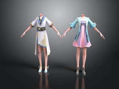 Traditional And Modern Style Apparel With White Blue Pink Dresses And Golden Details 3d model