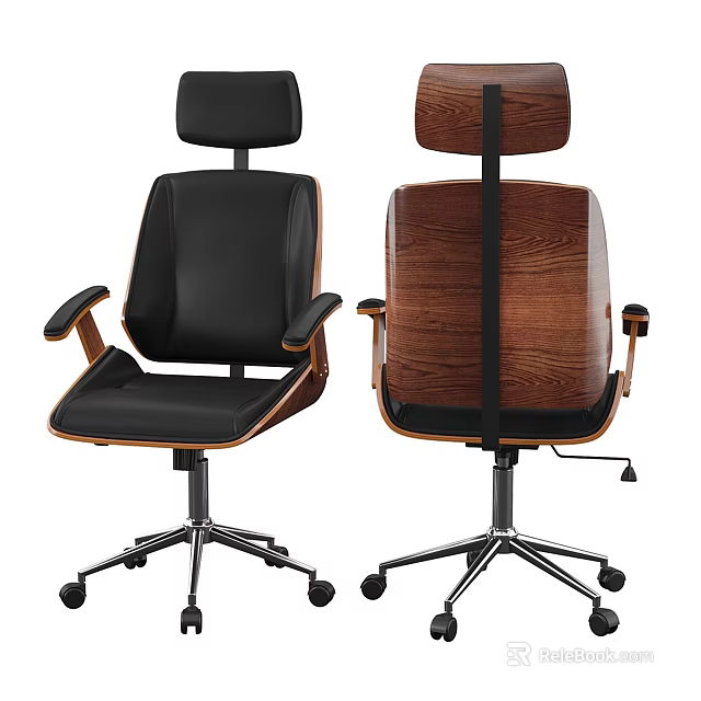 Modern Office Chair with Black Leather Seat and Wooden Backrest High Back Design Armrests and Swivel Base 3d model 