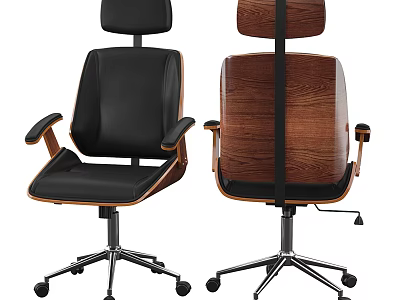 Modern Office Chair with Black Leather Seat and Wooden Backrest High Back Design Armrests and Swivel Base 3d model