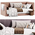 Single Bed Cozy Design With Various Patterned Pillows Soft Blankets Tufted Headboard And Side Table 3d model