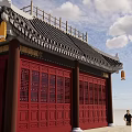 Traditional Chinese Ancient Architecture With Red Doors Windows Black Tiled Roof And Yellow Lanterns