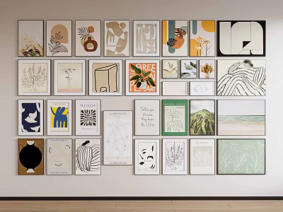 Wall Decor With Various Style Artworks Featuring Abstract Geometric And Botanical Patterns 3d model