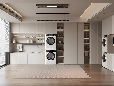 Modern Laundry Room With White Cabinets Washing Machine Dryer Open Shelves And Wooden Floor 3d model