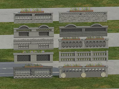 Multiple Garden Wall Designs With Stone Brick Structures And Plant Decor On Top 3d model