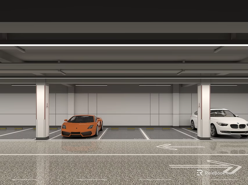 Modern Garage Interior With Orange Sports Car White Sedan And Floor Markings 3d model 