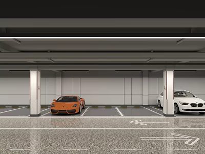 Modern Garage Interior With Orange Sports Car White Sedan And Floor Markings 3d model