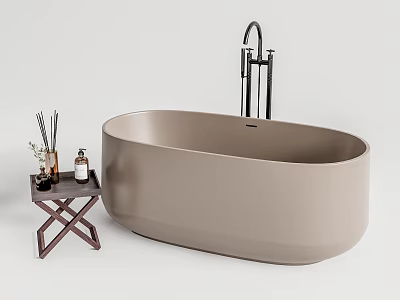 Modern Free Standing Beige Bathtub with Black Faucet Side Table Aromatherapy Reeds and Bottles 3d model
