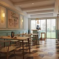 Modern Café Interior Design With Long Wooden Table Chairs Wall Decorations And Hanging Chandelier