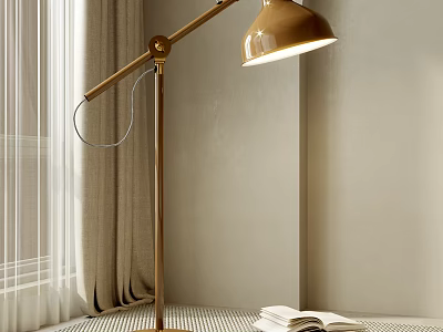 Stylish Golden Floor Lamp In Cozy Bedroom With Curtains 3d model