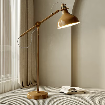 Stylish Golden Floor Lamp In Cozy Bedroom With Curtains 3d model