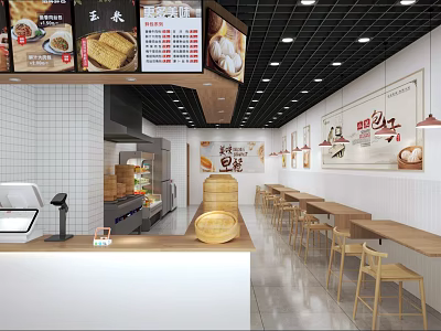 Modern Restaurant Interior Design With Open Kitchen Wooden Tables And Steamer Baskets 3d model