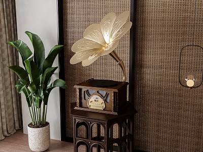 Vintage Gramophone With Decorative Horn On Wooden Stand In Woven Wall Room With Green Plant 3d model