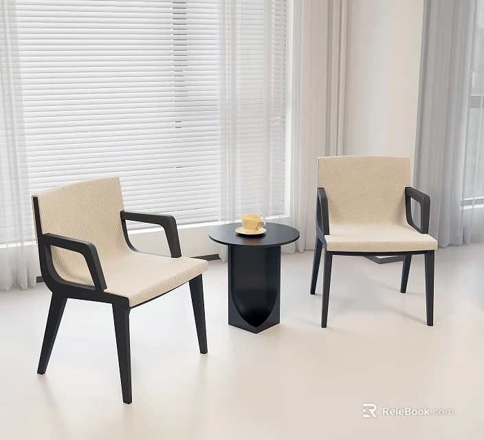 Modern Leisure Chairs With Beige Seats Black Frames And Side Table In Bright Space 3d model