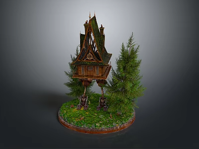Unique Wooden Building With Steep Roof And Supporting Legs Surrounded By Trees And Grass 3d model
