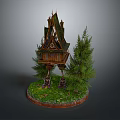 Unique Wooden Building With Steep Roof And Supporting Legs Surrounded By Trees And Grass
