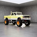 Yellow And White Custom Truck With Large Off Road Tires Orange Rims In Gray Studio