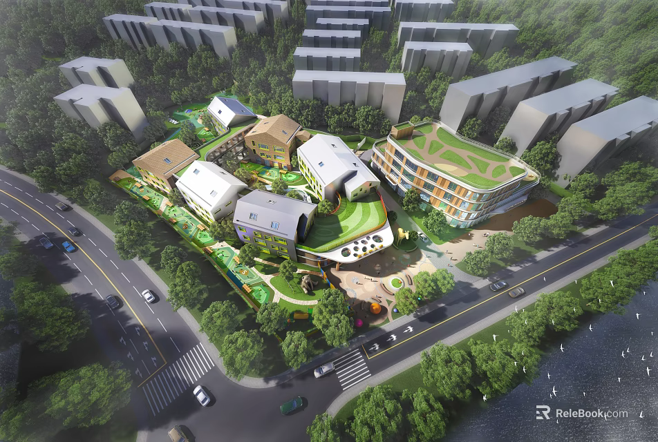Modern School Building Complex With Green Roofs Open Courtyards And Surrounding Trees 3d model 