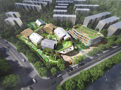 Modern School Building Complex With Green Roofs Open Courtyards And Surrounding Trees 3d model