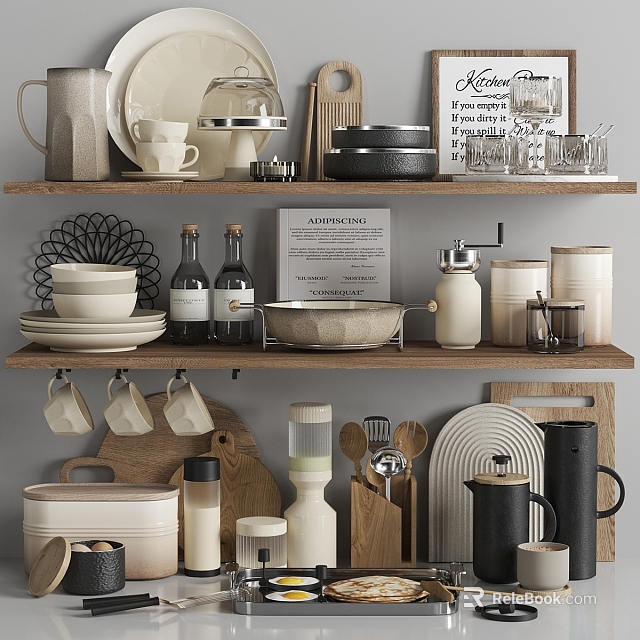 Organized Kitchen Display Shelves With Ceramic Dishes Glass Jars Wooden Utensils And Decorative Bottles 3d model 