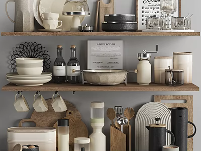 Organized Kitchen Display Shelves With Ceramic Dishes Glass Jars Wooden Utensils And Decorative Bottles 3d model