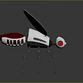 White Mechanical Insect With Red Eye Blue Wings Long Legs And Thin Proboscis